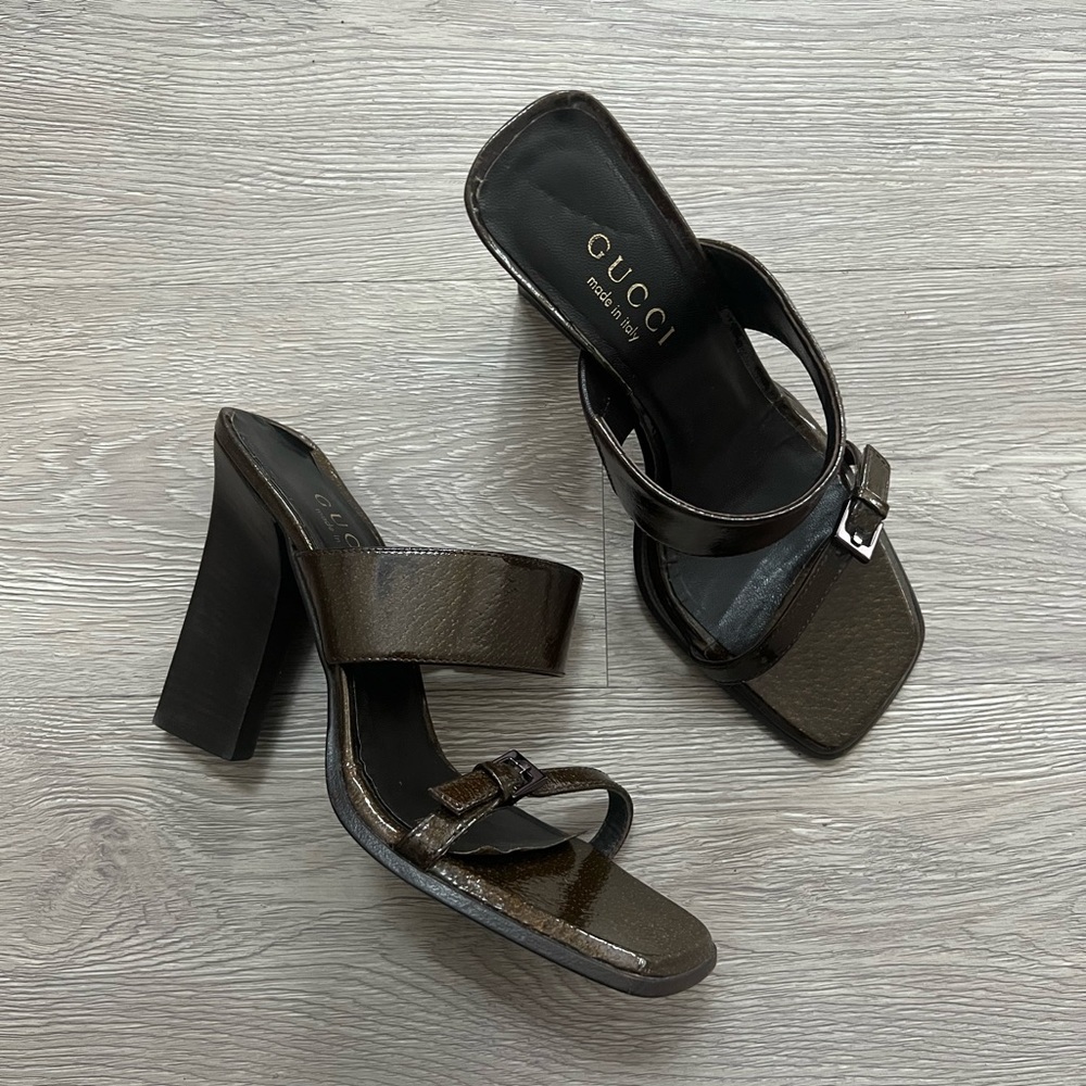 Gucci Vintage Double Strap Leather Slide On Mule Heel Sandals